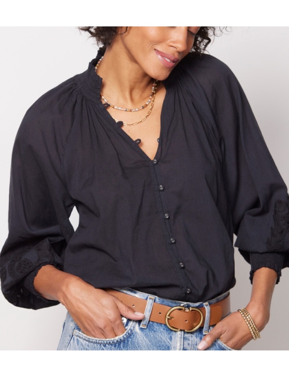 Cleobella Vera 100% Organic Cotton Blouse Black Embellished Sleeve Small